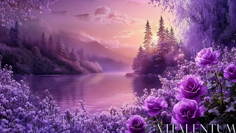 Twilight lake wrapped in violet blooms and soft mountain light.