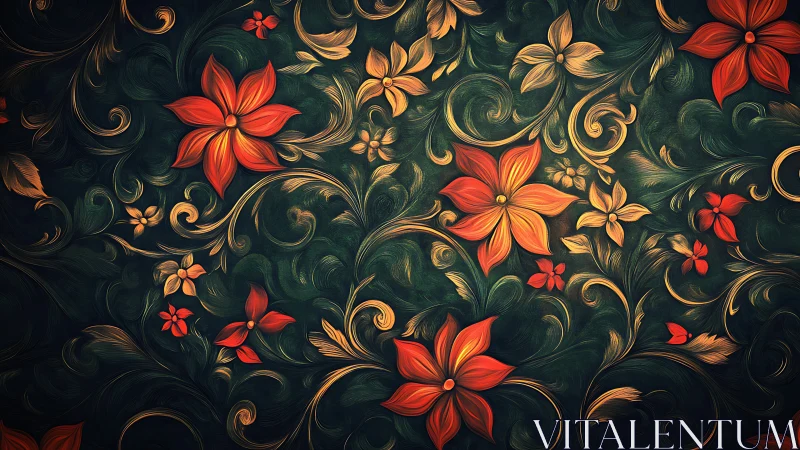 Ornamental Floral Composition with Red and Golden Accents on Dark Teal Background