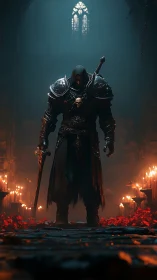 Armored necro-knight in cathedral nave, volumetric candlelight.
