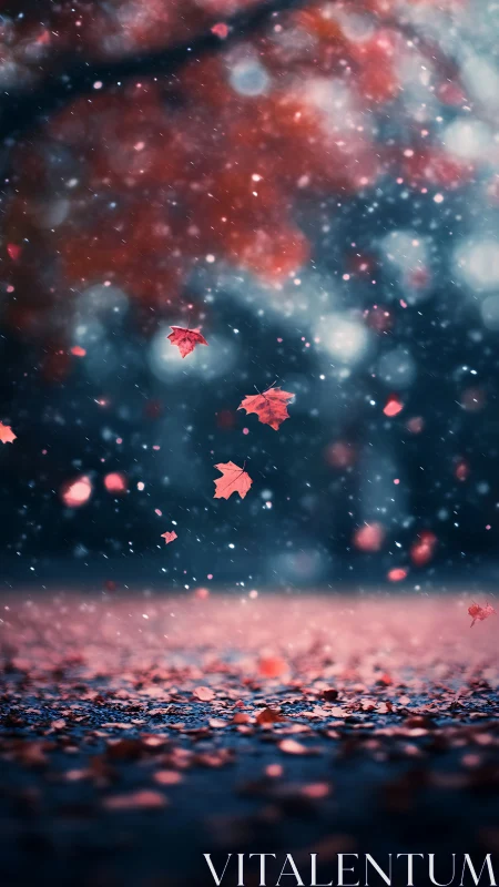 Crimson autumn leaves drift softly through a dreamy street