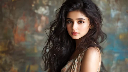 Photorealistic portrait of young woman with loose dark hair.