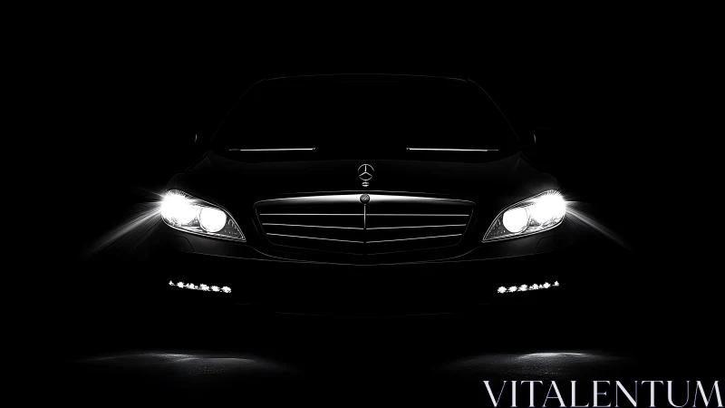 Frontlit executive sedan grille in high contrast darkness.