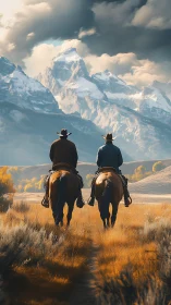 Two cowboys riding through open plain toward snow peaks.