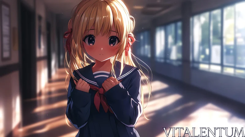 Sunlit hallway hush with shy anime schoolgirl in navy uniform.