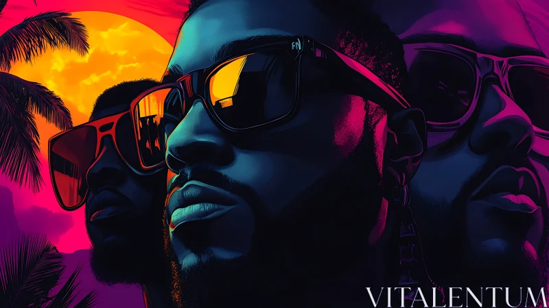 Neon-lit triptych of men in sunglasses against synthwave sunset