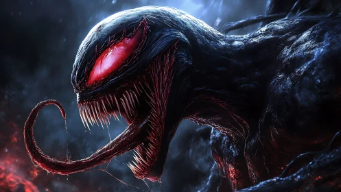 Monstrous alien creature with sharp teeth and tongue.