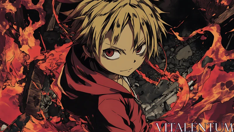 Fiery young hero spinning through a storm of embers.