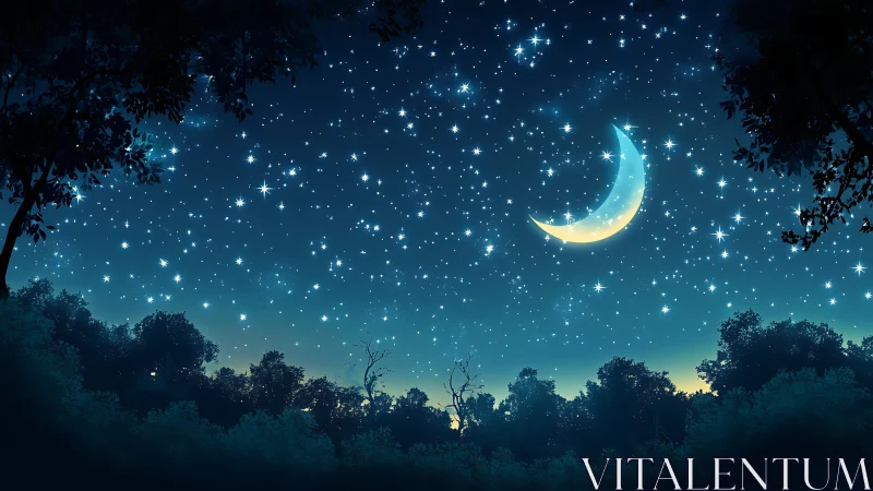 Glowing crescent moon hangs over a tranquil starlit forest sky