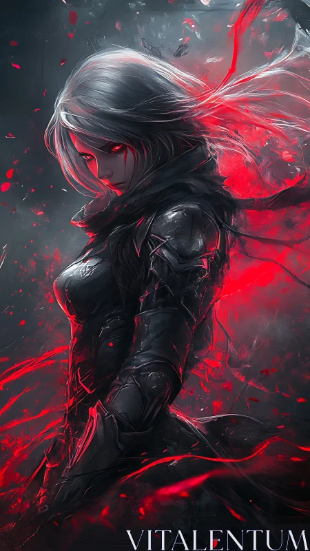 Armored female figure stands in red energy and dark haze