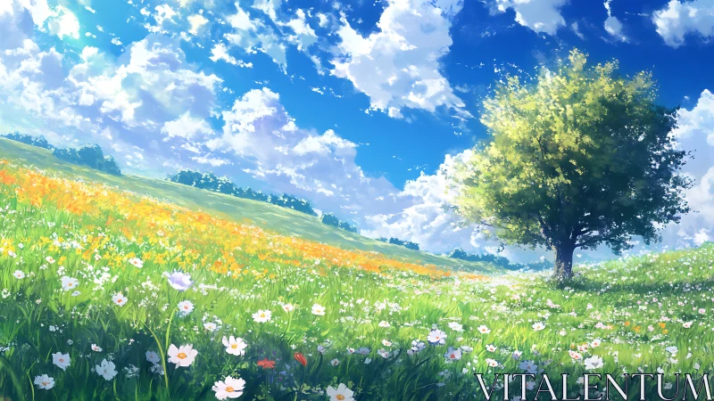 Sunlit wildflower meadow under cumulus sky with solitary tree