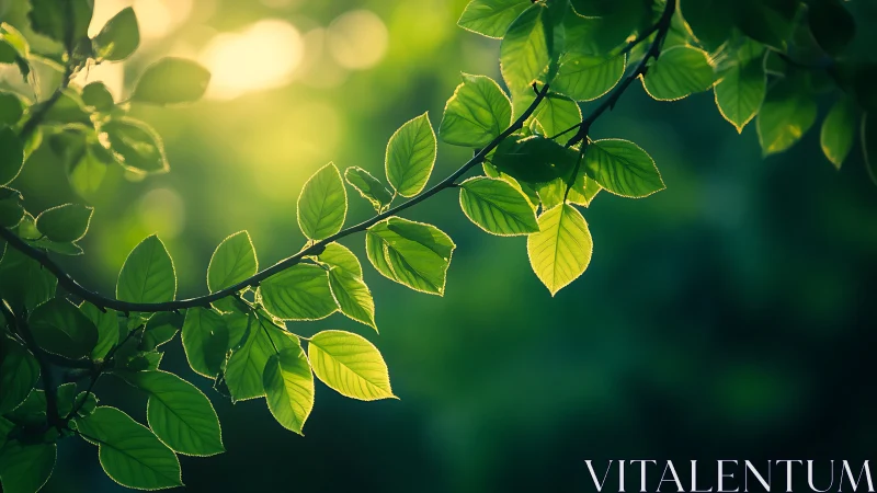 Sunlit green leaves on branch in serene nature photography.