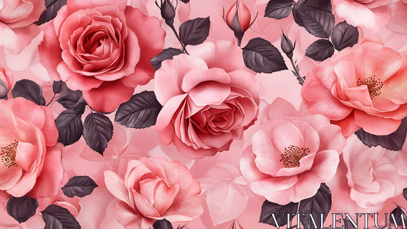 Layered Pink Roses and Dark Foliage Botanical Composition