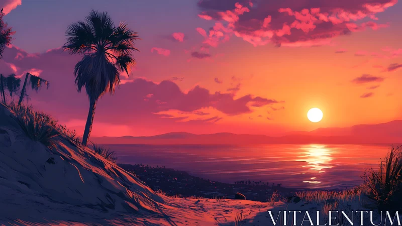 Glowing beach sunset with gentle waves and a quiet hillside.