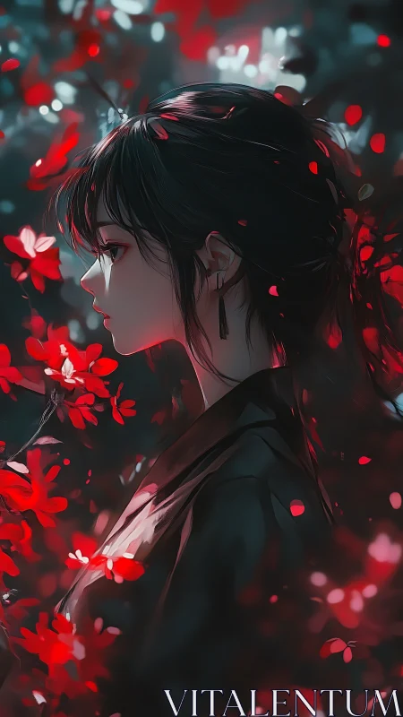 Side profile of stylized woman amid red and dark foliage