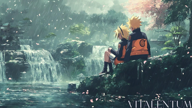 Twin shinobi silhouettes beside misted forest waterfalls.