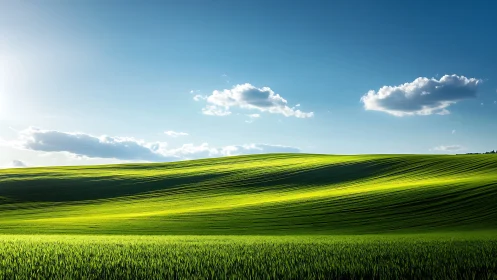 Sunlit waves of wheat quietly roll beneath a painted sky