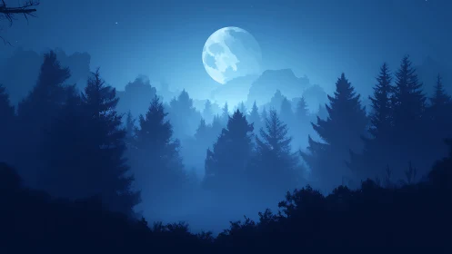 Moonlit Forest Landscape. Full Moon Rises Over Misty Evergreen Wilderness.