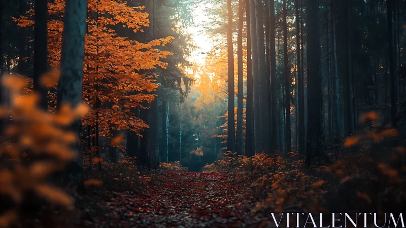 Golden Light Pierces Autumn Forest Canopy.