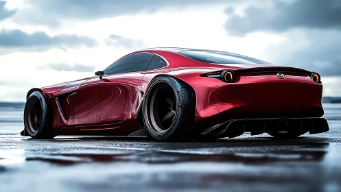 Low-slung crimson Mazda concept under stormy runway sky.