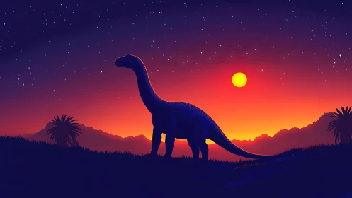 Silhouetted sauropod under gradient dusk sky with stellar field.