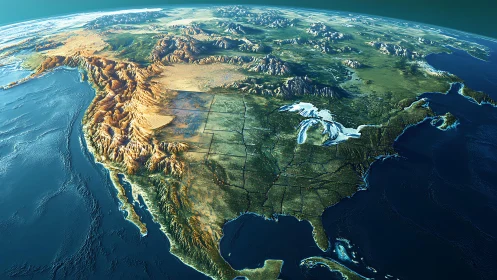 Sunlit North America rising from teal cosmic seas.