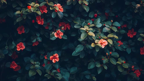 Red and Coral Blooms Flourish Among Dark Green Foliage