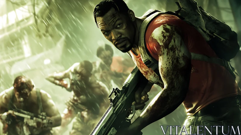 Armed survivor fighting zombies in heavy green-tinted rain.