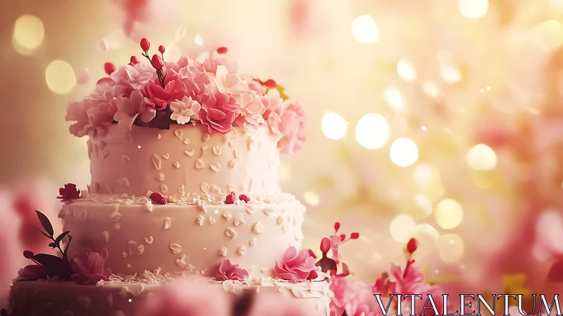 Elegant Two-Tier Wedding Cake With Pink Floral Arrangement.