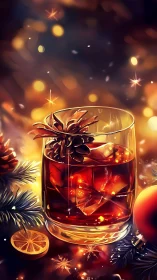 Festive whiskey glass glows amid warm holiday lights