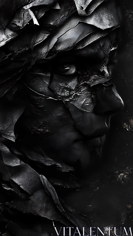 Shattered obsidian skin quietly rearranges into a watchful face