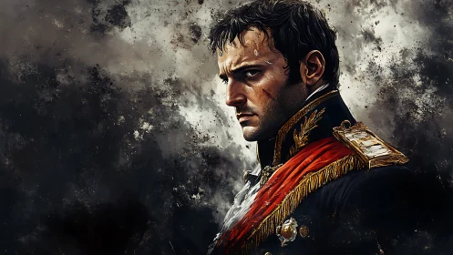 Military officer portrait amid dark atmospheric backdrop.