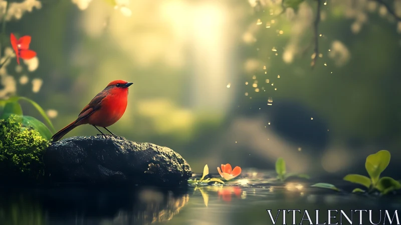 Vivid Red Bird on Mossy Rock in Dreamy Nature Scene, Soft Focus.