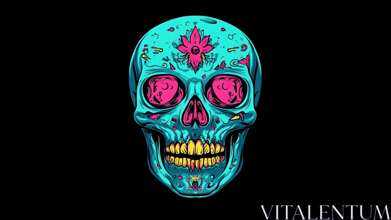 Neon turquoise skull with pink details on black background