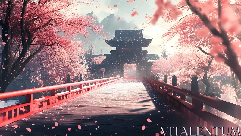 Blossom bridge to a misty temple of drifting petals.