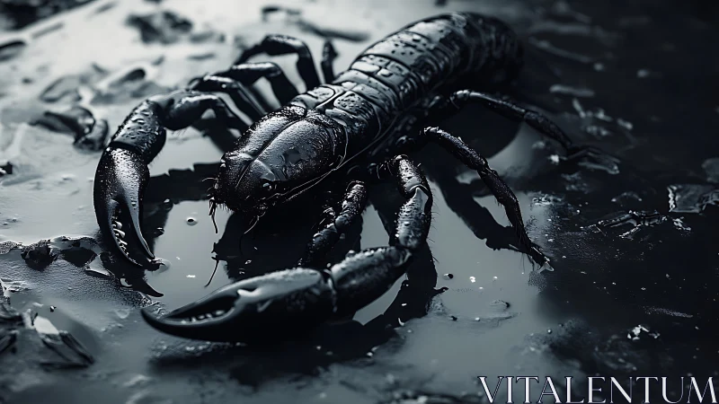 Black scorpion crawls across reflective wet surface