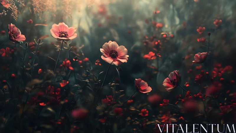 Backlit cosmos flowers in layered soft focus botanical composition