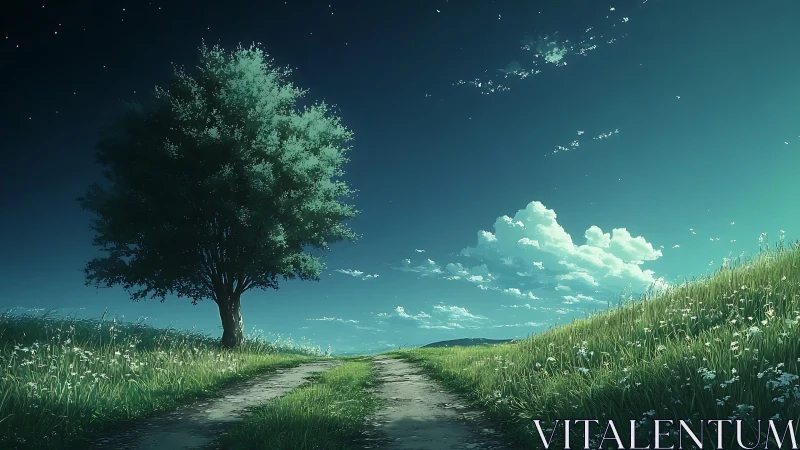 Twilight country lane under lone tree and luminous cloudbank