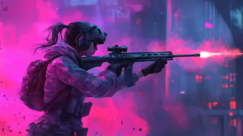 Neon city sniper holding steady in a storm of color.