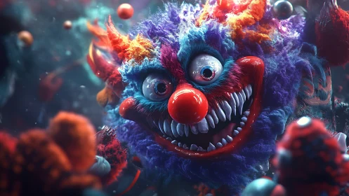 Neon nightmare clown drifts through cotton candy chaos.