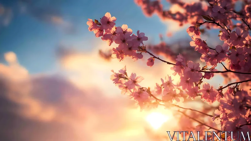 Backlit cherry blossoms under low-angle solar illumination.