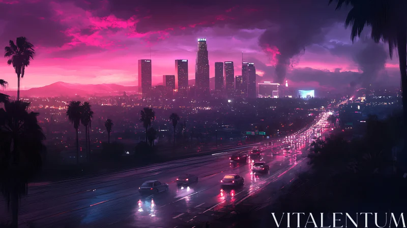Neon pink skyline dominates rain-soaked futuristic freeway.