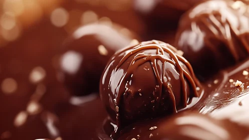 Slow-pour chocolate truffles glowing in golden light.