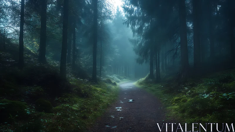Misty forest pathway with towering conifers and atmospheric light