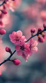 Pink Blossom Branch with Soft Bokeh Blur.