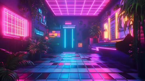 Neon jungle corridor with retro-futuristic grid ceiling glow.