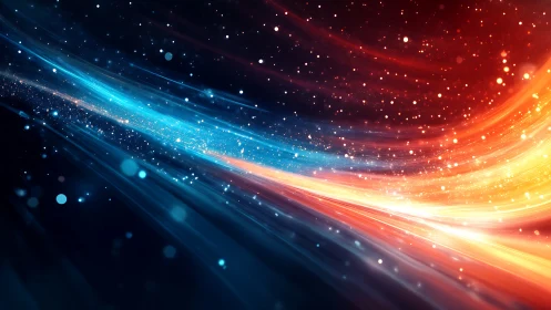 Intersecting blue and orange light streaks cross on dark space