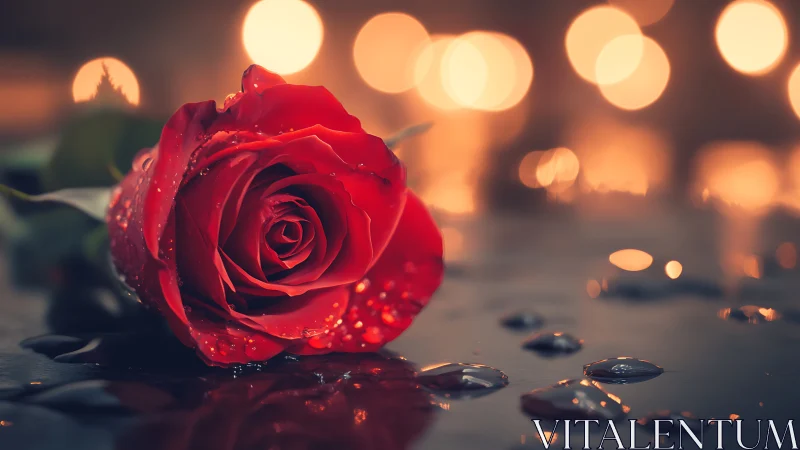 Red rose with water droplets against blurred bokeh lights background