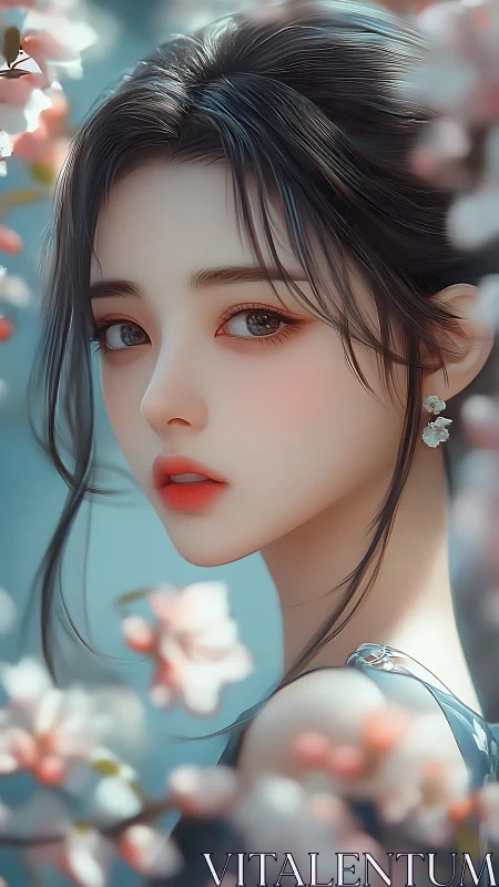 Side profile of stylized woman framed by foreground blossoms