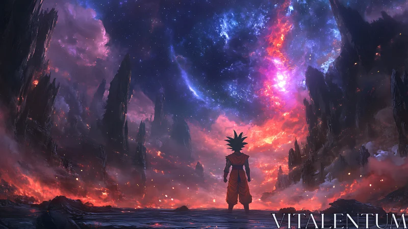 Saiyan warrior surveys cosmic inferno beneath fractured sky.