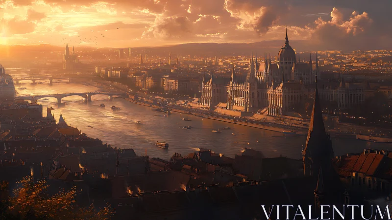 Golden hour river city glows with ornate historic grandeur